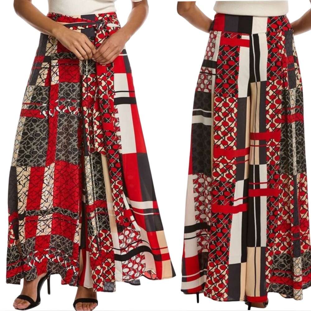 NEW w/TAGS! GRACIA Tie-Waist Wide Leg Palazzo Pants (Multi-red Patchwork) - Sz M